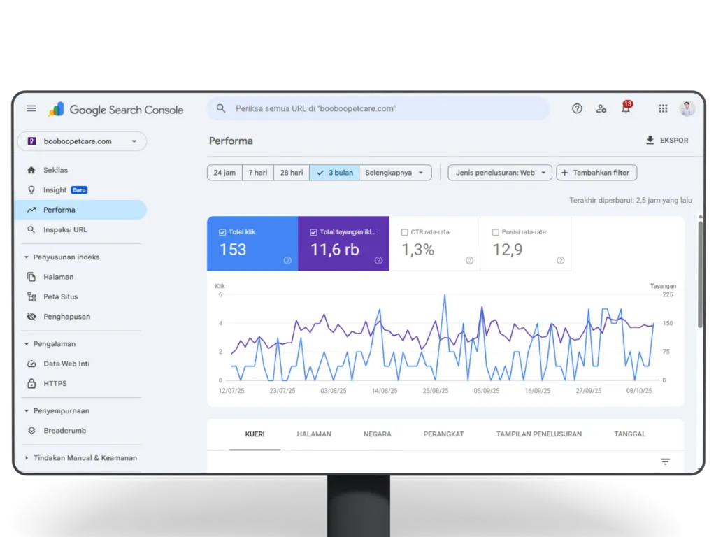Dashboard analitik performa website SEO dari Vetencode